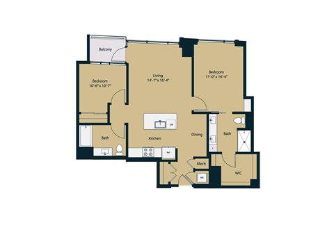 Floor plan for 2 beds, 2 baths, 1079 sqft